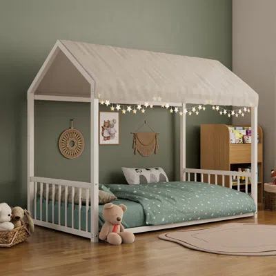 Streamdale Furniture Streamdale Twin Montessori Metal Floor Bed Frame, House Bed, Safety Rails, Easy Assemble, Black In White