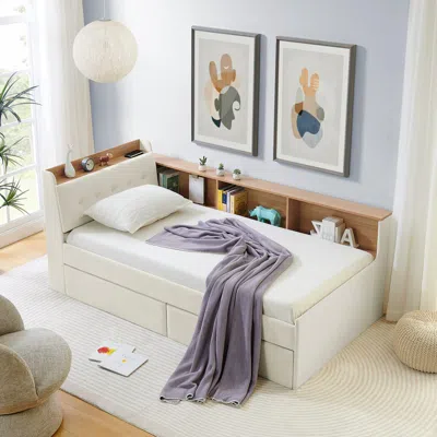 Streamdale Furniture Streamdale Twin Velvet Daybed: Storage Headboard, Wireless Charging, Led, Beige In White