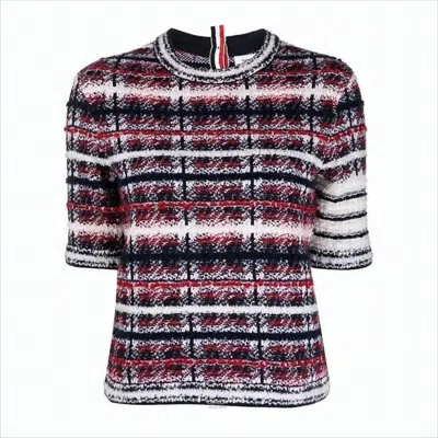 Thom Browne Short-sleeved Textured Knit Plaid Sweater In Multi