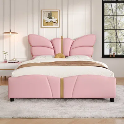 Streamdale Furniture Streamdale Queen Upholstered Bed Frame, Butterfly Headboard, Gold Accents, Black In Pink