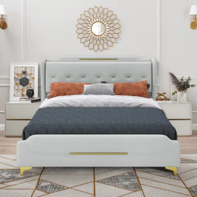 Streamdale Furniture Streamdale Queen Leather Bed Frame Wingback Headboard Platform Bed In White