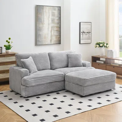 Streamdale Furniture Streamdale Grey Corduroy Sofa W/ Storage Leg & 4 Pillows In Gray