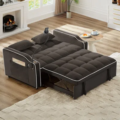 Streamdale Furniture Streamdale Foldable Velvet Sleeper Sofa Bed With Usb, Phone Stand & Adjustable Back In Black