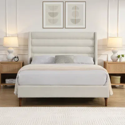 Streamdale Furniture Streamdale Queen Upholstered Platform Bed With Wave Headboard - Ivory In Neutral
