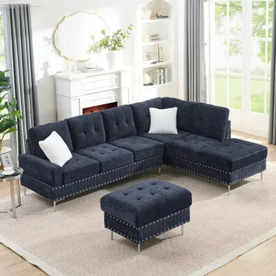 Streamdale Furniture Streamdale Navy Sectional Sofa With Reversible Chaise, Ottoman & Pillows In Blue