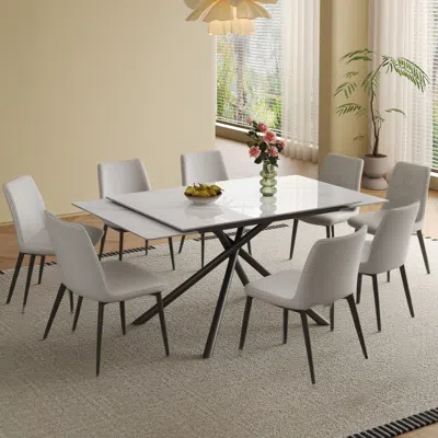 Streamdale Furniture Streamdale Retractable Sintered Stone Dining Table Set (table + 8 Chairs) In White