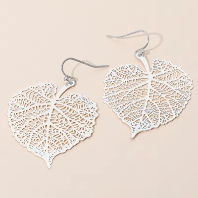 Fashnzfab Metal Filigree Leaf Dangle Earrings - Matte Silver In Metallic