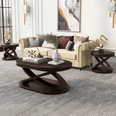 Streamdale Furniture Streamdale Retro Coffee Table Set - Oval Coffee & Round End Tables - Espresso In Brown