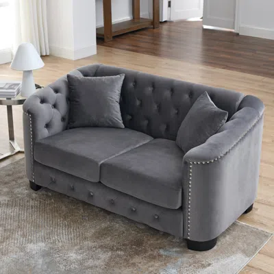 Streamdale Furniture Streamdale Classic Chesterfield Sofa Velvet Upholstery In Gray