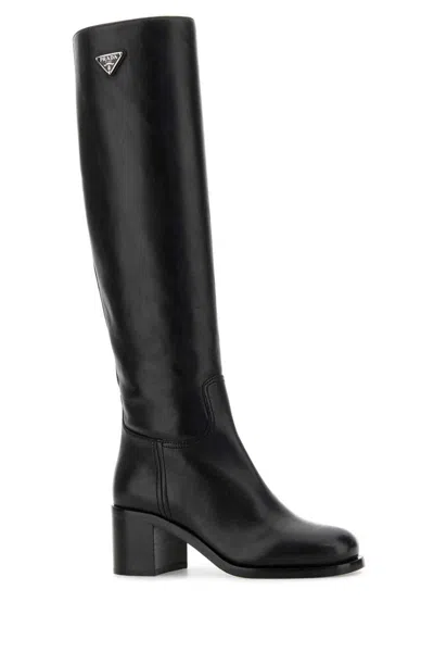 Prada Knee-high Leather Block Heel Boots In Black