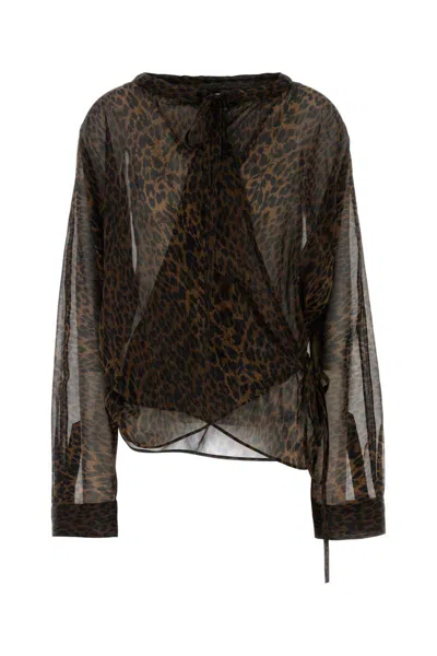 Balenciaga Sheer Silk Blouse With Leopard Print In Brown