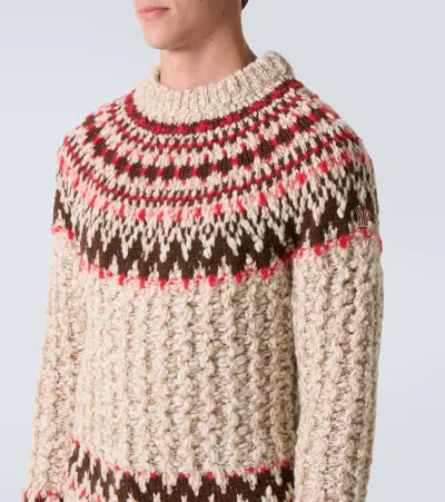 Moncler Jacquard Wool Blend Sweater With Geometric Pattern In Neutral