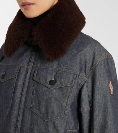 Moncler Yunque Shearling-trimmed Denim Down Jacket In Gray