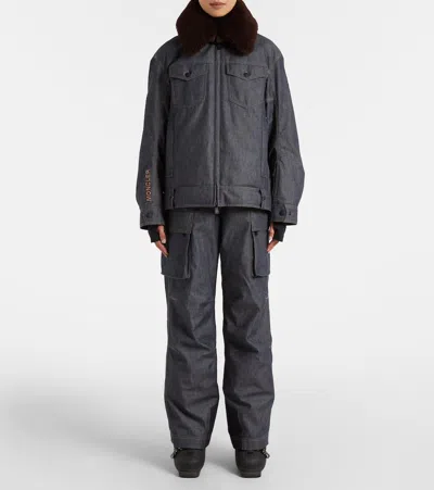 Moncler Yunque Shearling-trimmed Denim Down Jacket In Gray