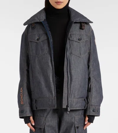 Moncler Yunque Shearling-trimmed Denim Down Jacket In Gray