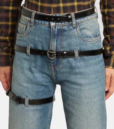 皮革边饰直筒牛仔裤