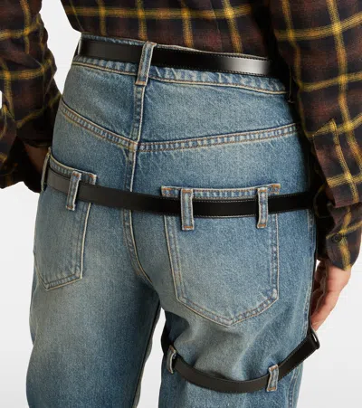 皮革边饰直筒牛仔裤