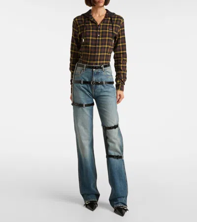 皮革边饰直筒牛仔裤