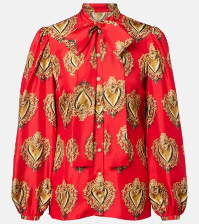 Dolce & Gabbana Printed Tie-neck Silk Blouse In Red