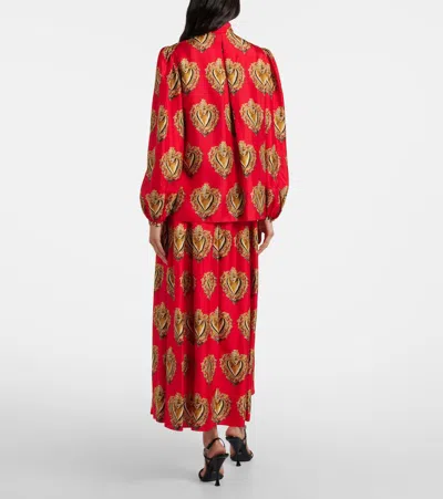 Dolce & Gabbana Printed Tie-neck Silk Blouse In Red