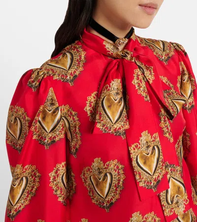 Dolce & Gabbana Printed Tie-neck Silk Blouse In Red