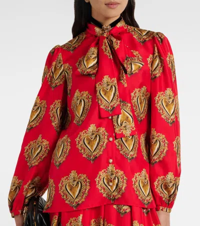 Dolce & Gabbana Printed Tie-neck Silk Blouse In Red