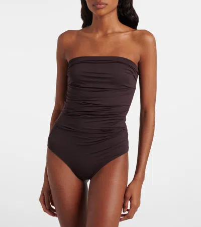 Agolde Gwyneth Ruched Stretch-jersey Bodysuit In Brown