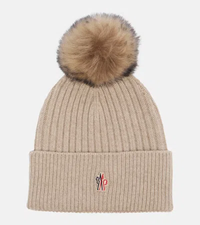Moncler Shearling-trimmed Cashmere Beanie In Brown