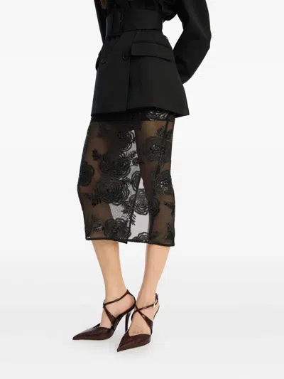 Rotate Birger Christensen Floral-embellishment Midi Skirt In Black
