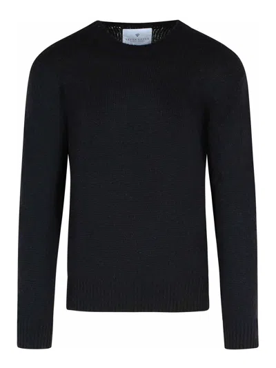 Seven Gauge Textured Black Crewneck Sweater With Relaxed Fit