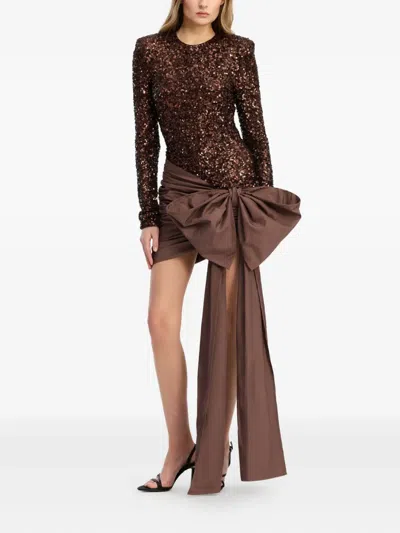 Rotate Birger Christensen Sequins-bow Mini Dress In Brown