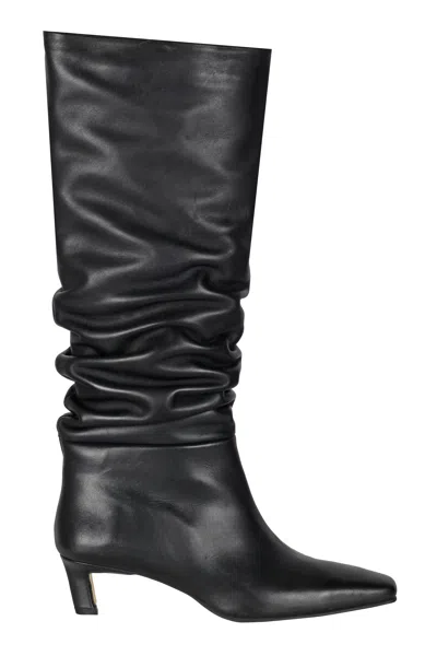 Alohas Mid-calf Black Leather Boots With Pointed Toe And Relaxed Texture In Black