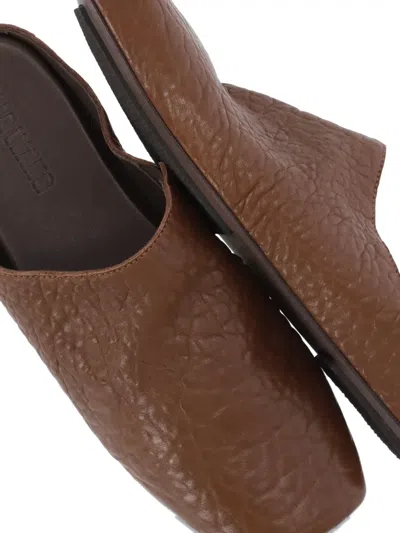 Uma Wang Leather Slippers With Flat Sole And Squared Toe In Brown