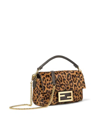 Fendi Mini Baguette Bag In Printed Ponyeffect Calfskin Leather In Brown