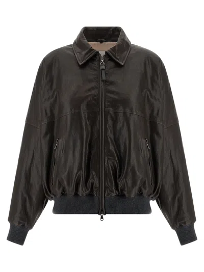 Brunello Cucinelli Aviator Leather Bomber In Brown