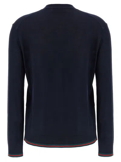 Gucci Women Blue Cardigan With Web Detail On The Edges In Cashmere And Silk Blend Woman In Blue