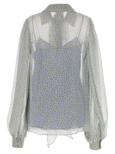 Gucci Women Grey Shirt With All-over Floral Print In Silk Chiffon Woman In Blue