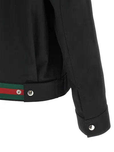 Gucci Men Black Jacket With Classic Collar And Web Motif On The Waist In Cotton Man In Black