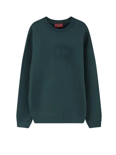 Gucci Long Sleeve Crewneck Sweatshirt With Ribbed Cuffs And Hem In Green