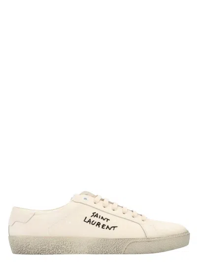 Saint Laurent Court Classic Distressed Logo-embroidered Canvas And Leather Sneakers In White