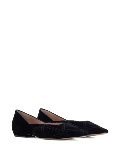 Emporio Armani Pointed Toe Velvet Ballerina Shoes With Pattern In Black