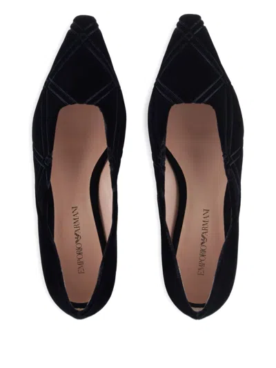 Emporio Armani Pointed Toe Velvet Ballerina Shoes With Pattern In Black