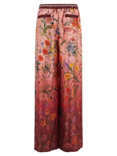 Gucci Women Bordeaux Pants With All-over Floral Print And Elastic Waist In Silk Woman In Brown