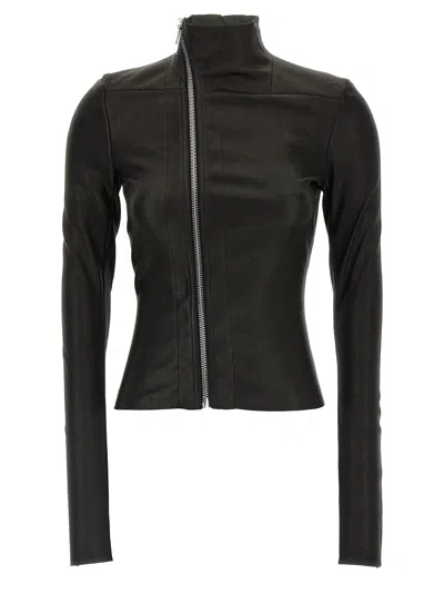 Rick Owens Asymmetric Black Stretch Leather Jacket In Black