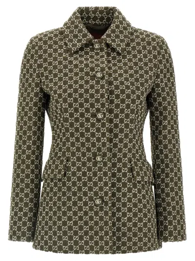 Gucci Monogram Patterned Cotton Blend Jacket In Green