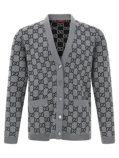 Gucci Gg Jacquard Reversible Cardigan Sweaters And Cardigans Multicolor In Gray