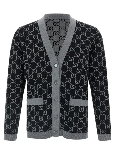 Gucci Gg Jacquard Reversible Cardigan Sweaters And Cardigans Multicolor In Gray