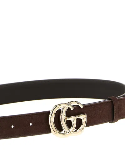 Gucci Brown Suede Belt With Bamboo Gg Marmont Buckle Women In Brown