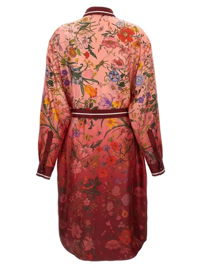 Gucci Bordeaux Gradient Dress With Removable Belt And All-over Flora Print In Silk Woman In Multi