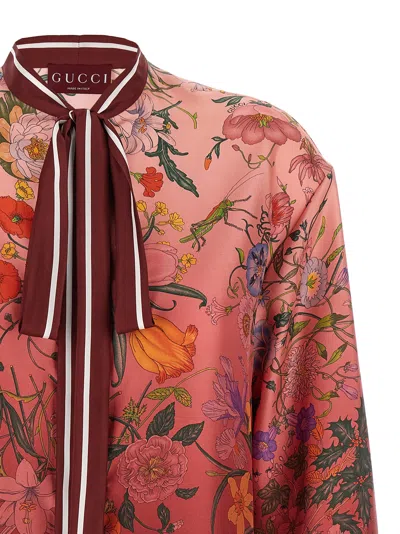 Gucci Bordeaux Shirt With Collar With Bow And All-over Flora Print In Silk Woman In Multi